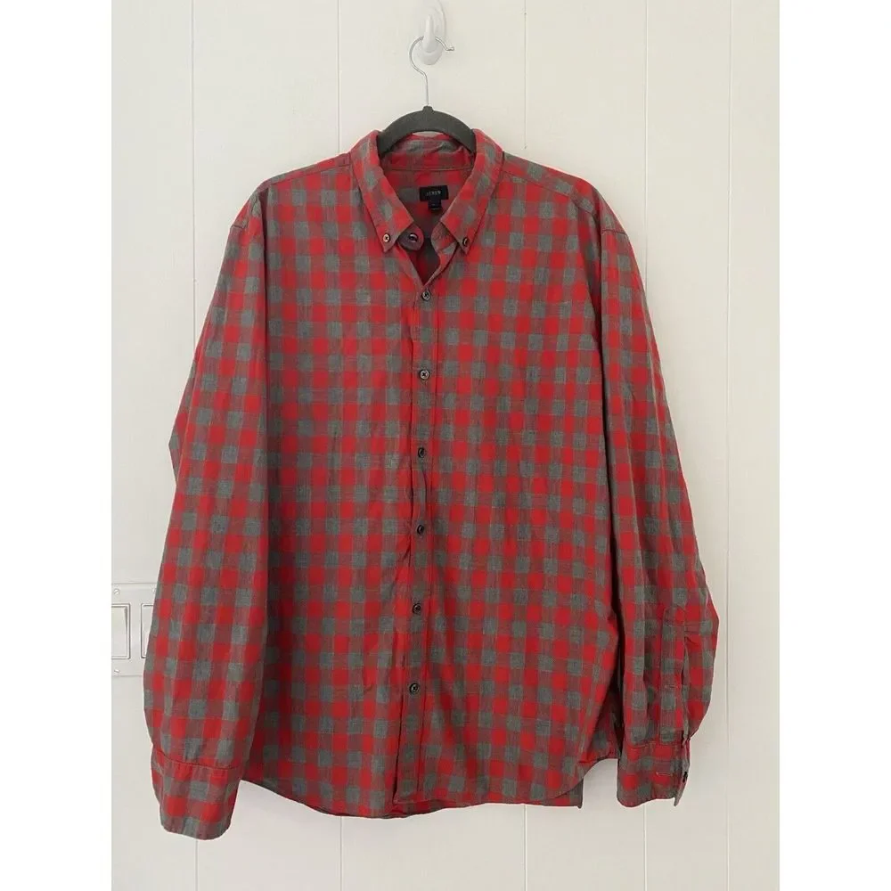 J. Crew Flannel Button Down Shirt Men‎ XL Red Gray Checkered Long Sleeve S105